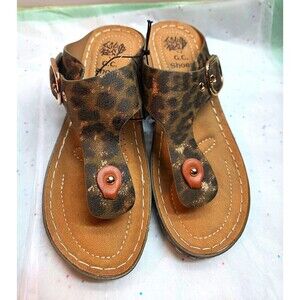 G.C. Shoes Ava Women's 6.5 Leopard Thong Wedge Sandals Buckle Brown/Gold